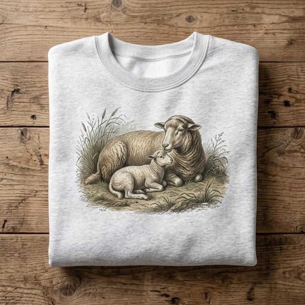 Women's Polyester Long Sleeve Fitted Hoodie Sweatshirt - Vintage Sheep Herding Lamb Farmer Retro Sketch Digital Print, Cottagecore, All Seasons Gift for Animal Lovers#147, Crew Neck, Graphic, Hand Wash Only