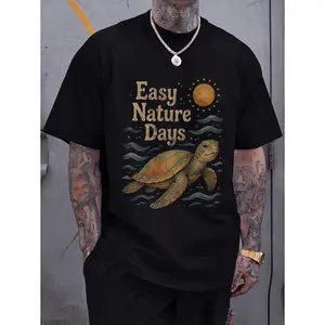 Vintage Sea Turtle Graphic Tee Easy Nature Days Printed Tee, Retro Beach Turtle Illustration Earthy Sun And Waves Design, Casual Unisex Top Summer Shirt Streetwear Style, Aesthetic Tee Trendy Design Soft Fabric Comfortable Fit, Eco Nature Lover