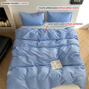 3pcs Light Blue Striped Print Bedding Set, Includes 1 Fitted Sheet and 2 Pillowcases, Zipper Design, Soft Fabric, All Seasons, Bed Sheets Set