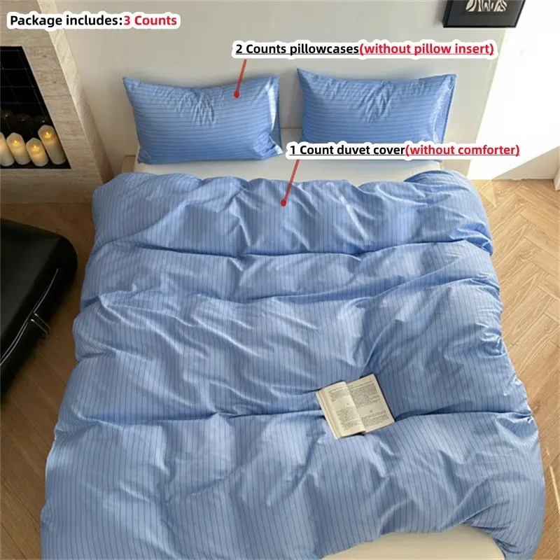 3pcs Light Blue Striped Print Bedding Set, Includes 1 Fitted Sheet and 2 Pillowcases, Zipper Design, Soft Fabric, All Seasons, Bed Sheets Set, Bedroom Bedding Set, Bed Sheet Sets