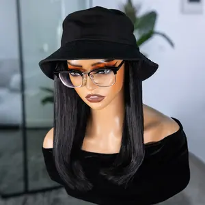 Wavymy Bucket Hat Wigs Straight Human Hair Wigs With Natural Color 100% Human Hair Styled-to-Go