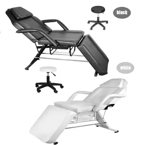 3-Section Tattoo Chair, 880 lbs Load Capacity Portable Esthetician Bed Adjustable Professional Salon Massage Bed, Black, with Spa Stool