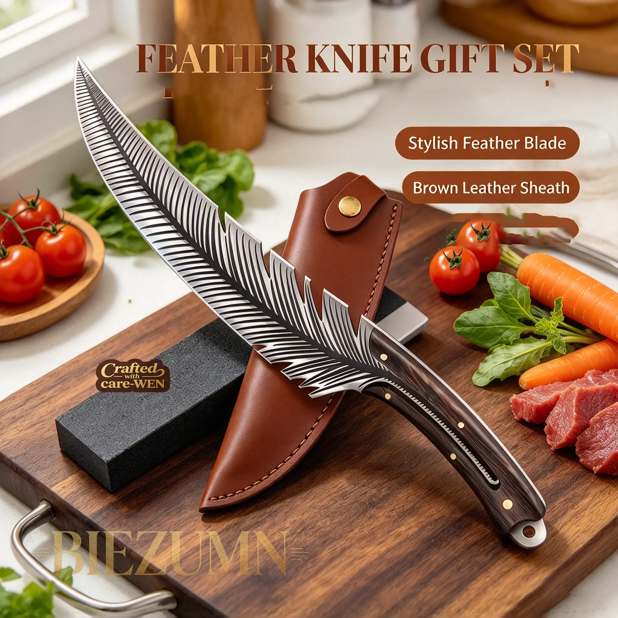 Decorative feather carved kitchen knife, multipurpose sharp chef knife, suitable for meat, fruit and vegetables, wooden handle with leather sheath, holiday gift men father husband friend home cooking prep carbon steel high hand-forged