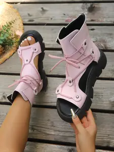 Women's Thick Sole High-Top Roman Sandals, Summer Anti-Slip Buckle Strap, Vintage Hollow Out Breathable Fish Mouth Shoes