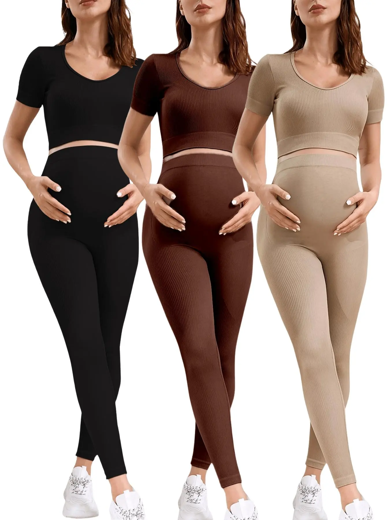 3Set Women's Maternity Outfits Ribbed Seamless Knitted Lounge Set Short Sleeve Long Pants Set V Neck Crop Top and Leggings Pants Workout Sets Maternity Clothing Maternity Summer Clothes