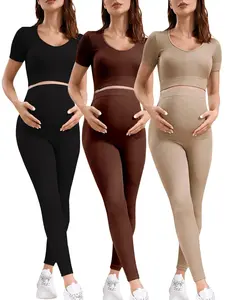 3Set Women's Maternity Outfits Ribbed Seamless Knitted Lounge Set Short Sleeve Long Pants Set V Neck Crop Top and Leggings Pants Workout Sets