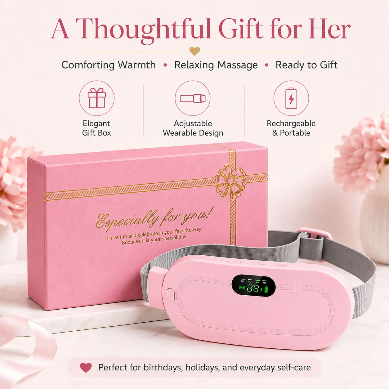 Neidga Menstrual Heating Pad, 2‑Hour Cordless Smart Uterus Warmer Belt, Electric Heating Waist Belt, Vibration Abdominal Massager, Portable Pain Relief Device, Holiday Present for Girls & Women, Black Friday Deal, Christmas Gift for Her