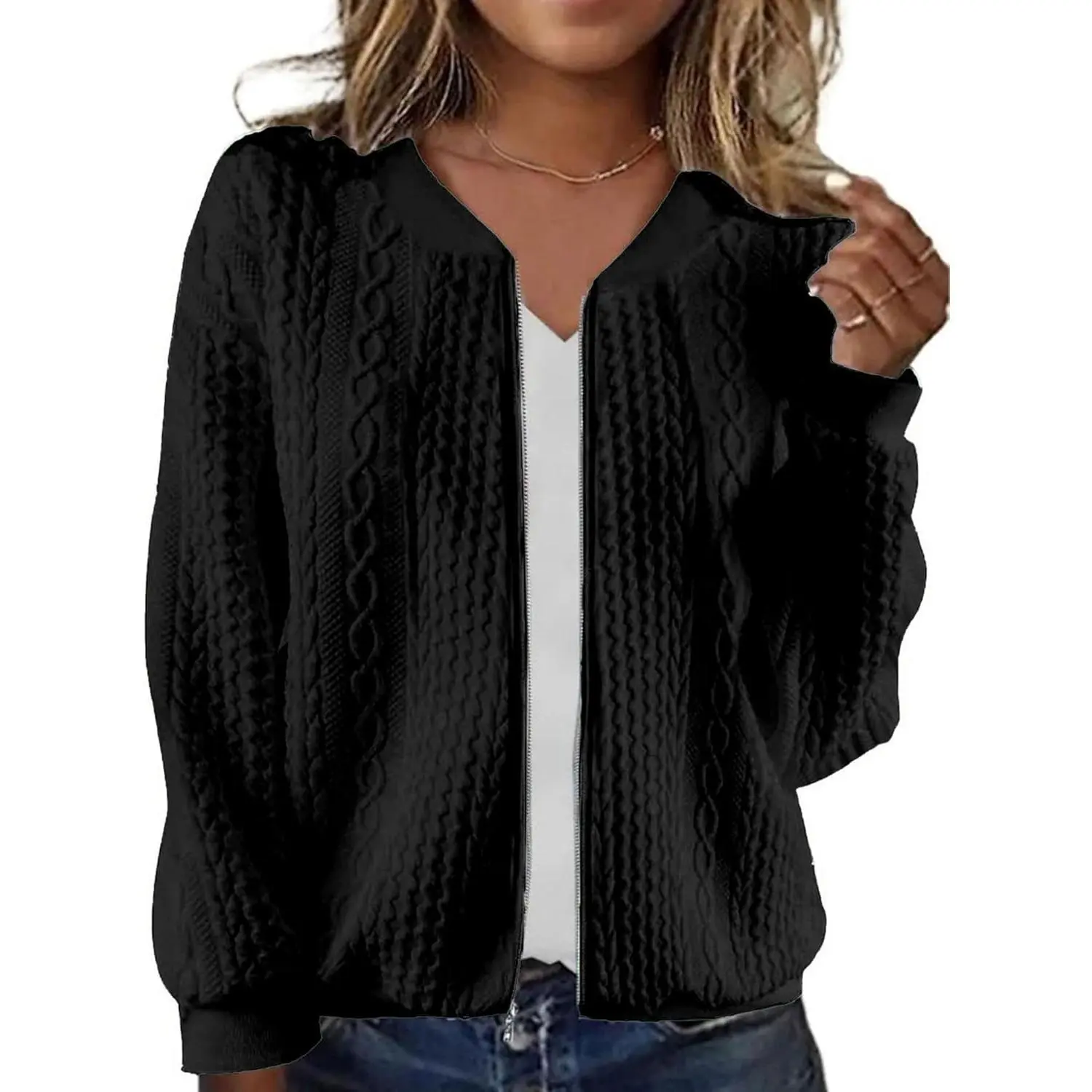 Women's Basic Long-Sleeve Cable-Knit Full Zip-Up V-Neck Loose-Fitting Solid Tops, Casual Fall Lazy Outfit Clothes Knitwear