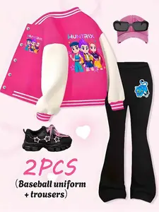 Girls' Anime Print Baseball Jacket & Elastic Waist Pants Set, Casual Spring & Fall, Youth Sports Wear, Outdoor & Indoor Activities, Sportswear Set