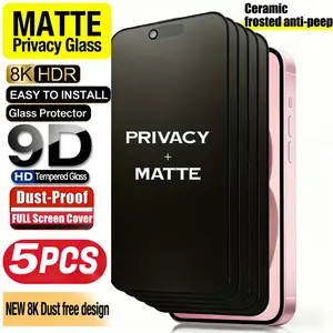 5pcs Matte Privacy Tempered Glass Screen Protector Cover Compatible With iPhone 17 Air/17 Pro Max/16 Pro Max/16/15/14/13/12/11/17e/16e/Plus/XR/X/XS/XS Max/Mini 9H Hardness Glass, Anti-Snooping, Fingerprint-Resistant, Anti-Glare, Accessories