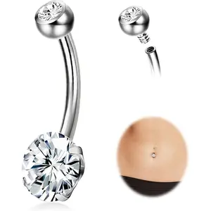 Cassieca G23 Solid Titanium Belly Button Rings, 14G Internally Threaded 12mm 14mm Long Bar Belly Ring, Cubic Zirconia Navel Rings for Women Men