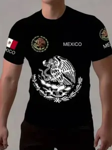 Men's Mexican Theme 3D Printed Short Sleeve T-Shirt, Aztec Mayan Eagle Snake Emblem, Breathable Casual Holiday Wear, All Seasons Fitted Crop Top
