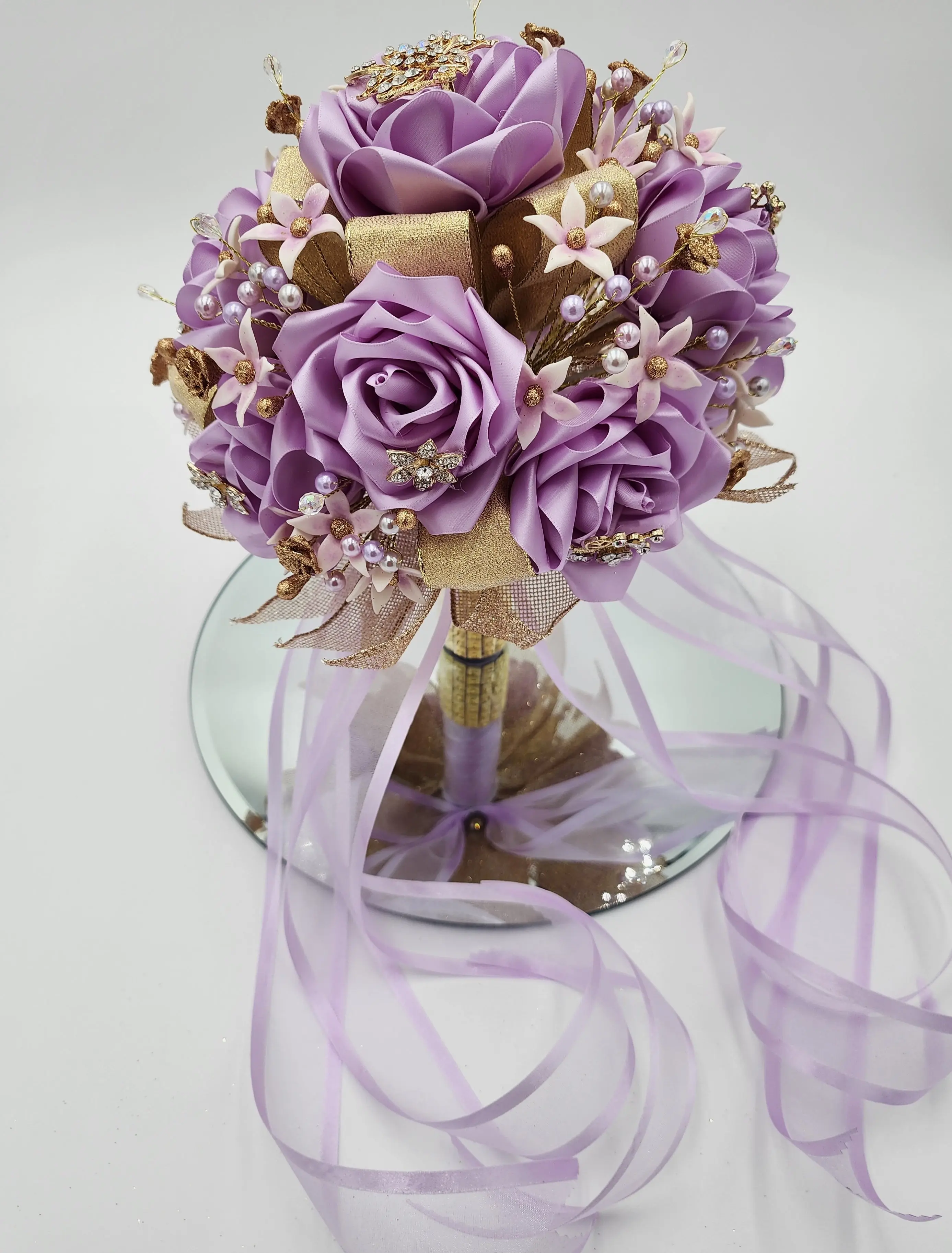 Lilac/Gold Artesanal Satin Rose Bouquet Decor 10" Diameter 12" Tall with Luminous Rhinestones and Charming Details for Special Occasions