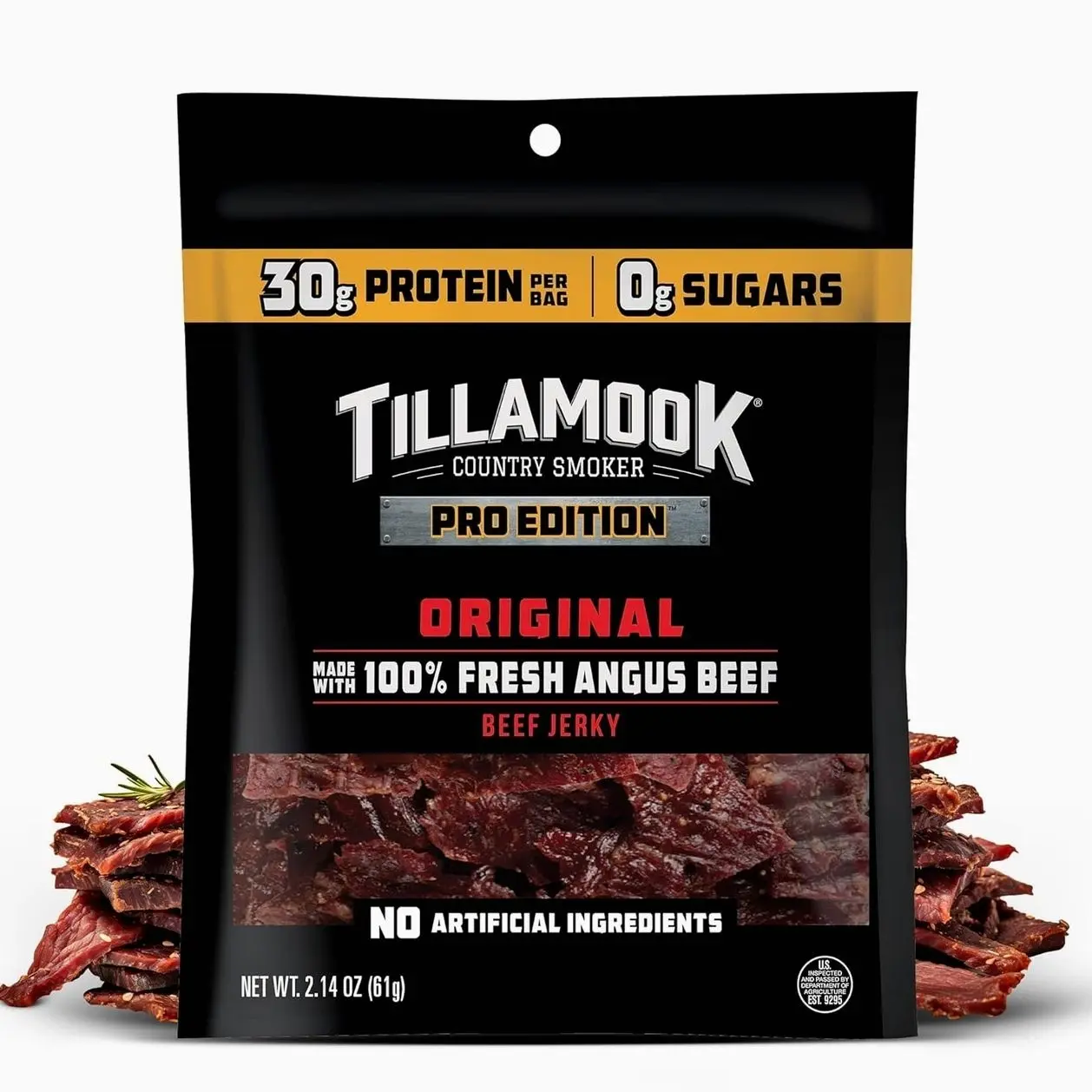 Tillamook Beef Jerky, Country Smoker PRO Edition, Zero Sugar, Original, 2.14 Oz, Real Hardwood Smoked Fresh Angus Beef, Low Carb, High Protein, Ready to Eat Keto Snack for Athletes, Gluten Free
