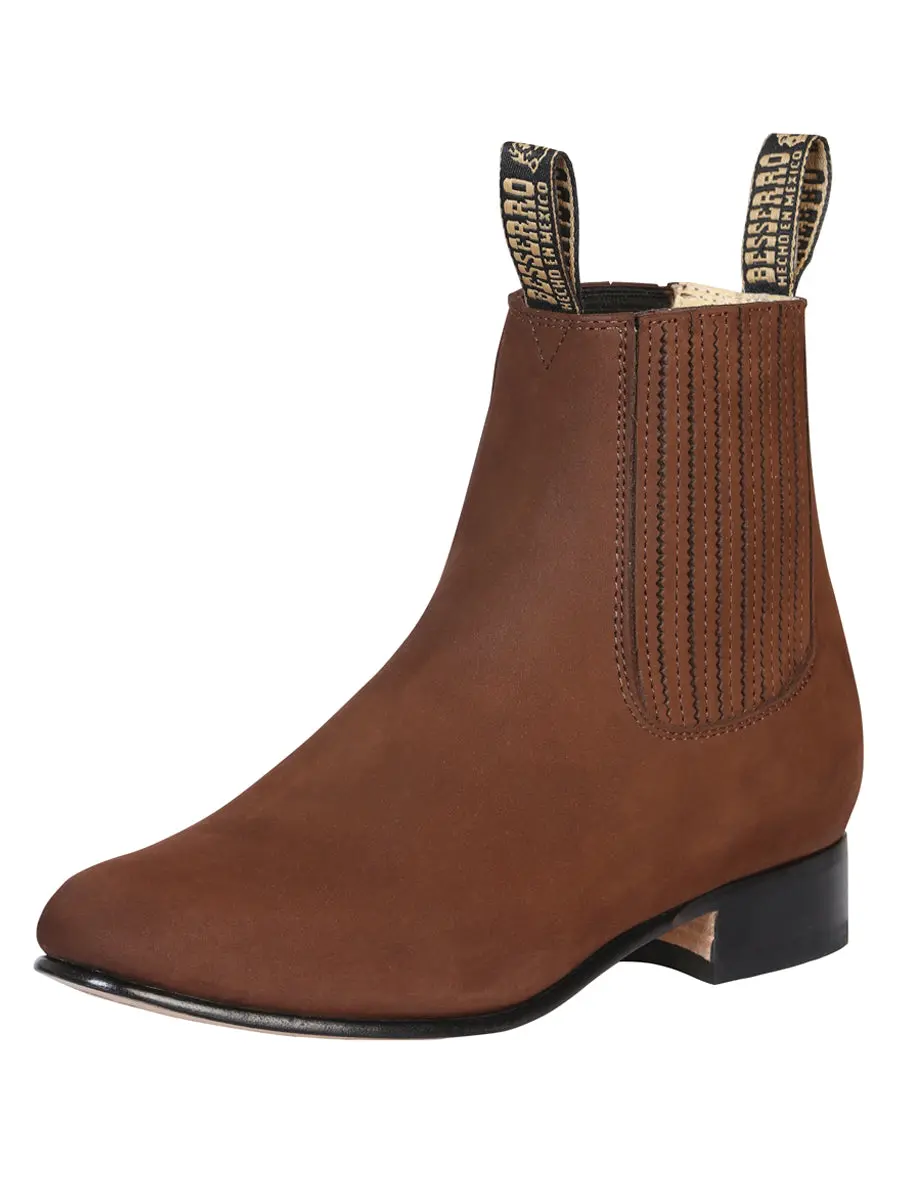 El Besserro Charro Men's Leather Cowboy Ankle Boot - Made in Mexico - Nubuck Camel 204