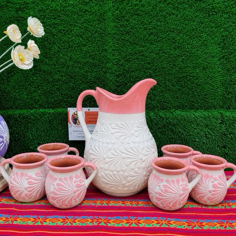 Relieve Pitcher Color Blanco Boca Rosa Set Mug Rosa.