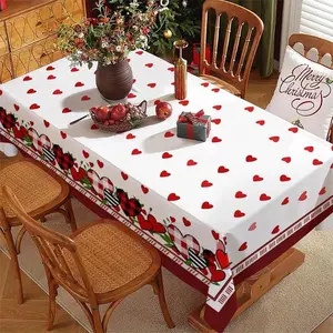 Rectangle Tablecloth with Red Heart & Checkered Border, Polyester Material, Multiple Specifications Available, Multi - Color, Easy to Clean, Suitable for Daily Use, Festivals & Anniversaries, Festive Home Decoration