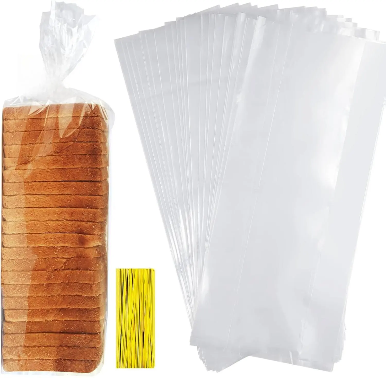 Transparent Large-Size Reusable Food Storage Plastic Bread Bags with Gussets, 30 Kitchen Food Covers for Homemade Bread & Bakery Use, 50 Gold Ties