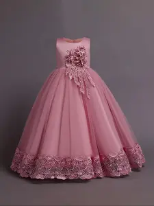 Girl's Flower Decor Appliques Beaded Bow Back Tulle Party Dress, Elegant Heart Embroidery Sleeveless Tutu Dress, Kids Clothing for All Seasons for Christmas