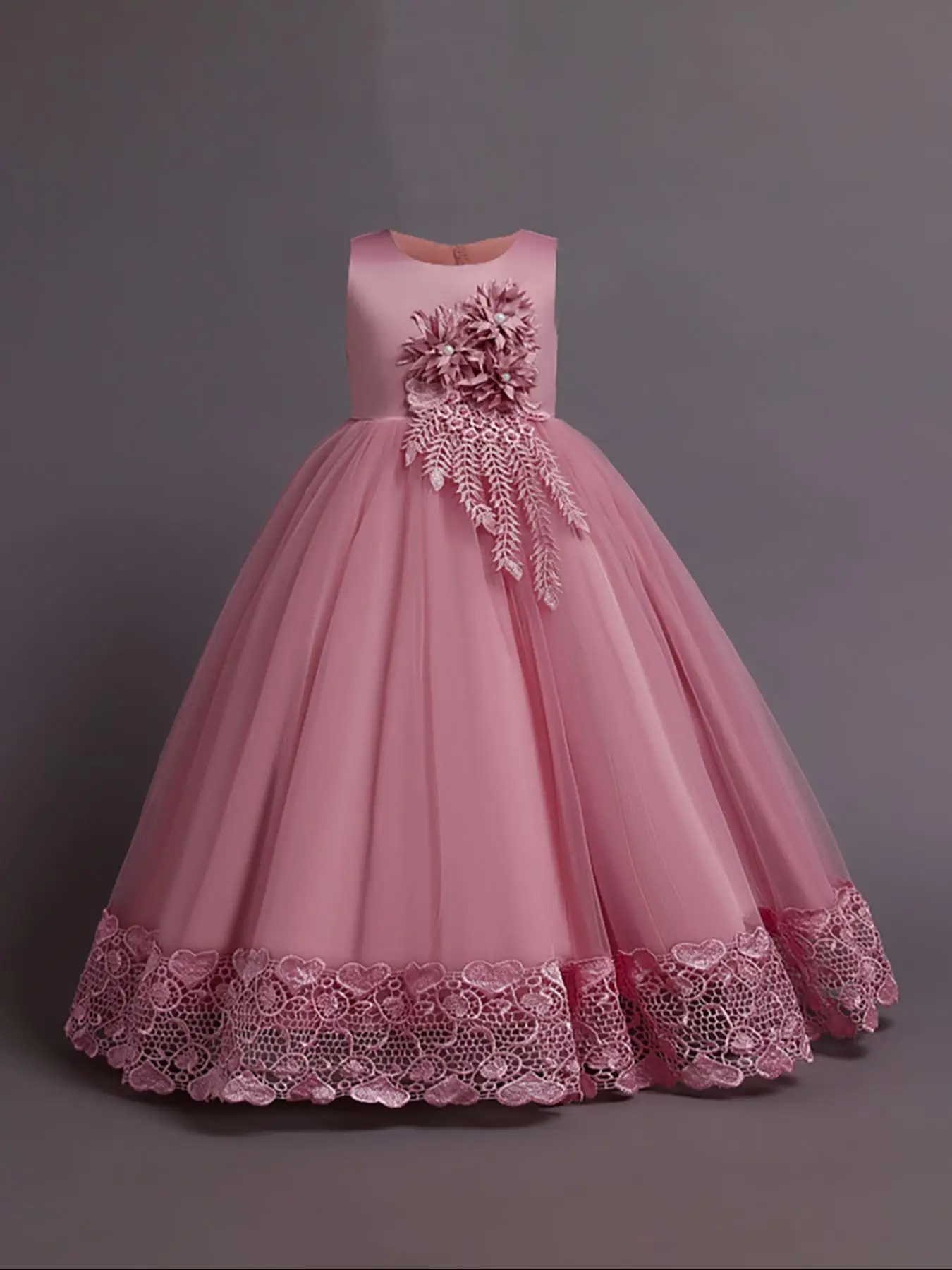 Girl's Flower Decor Appliques Beaded Bow Back Tulle Party Dress, Elegant Heart Embroidery Sleeveless Tutu Dress, Kids Clothing for All Seasons for Chr