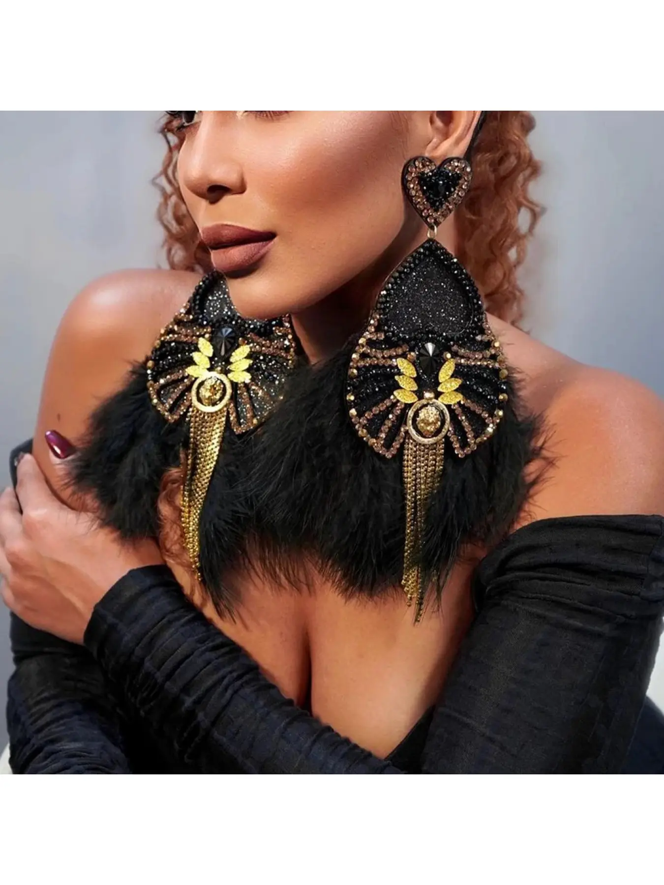 Black Feather Statement earrings- Women Accessories Queen of the Macabre Handmade Black Skull Feather Dangle  main image 2