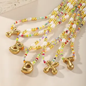Rainbow Beaded Necklace Beaded Initial Choker Necklace Personalized Bubble Letter A-Z Pendant Layering Necklaces Bohemian Jewelry Everyday Accessories Stainless Steel Waterproof Jewelry Mother's Day Gift for Women