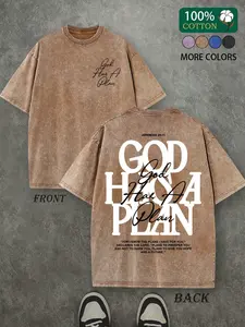 Men's Vintage Washed Distressed T-Shirt, Loose, Short, Dual-Sided Print, 230 Pure Cotton Material, God Has His Own Plan Letter Print, Casual Street Style, Top
