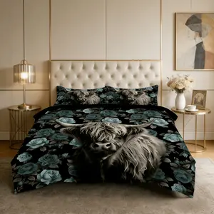 Highland Cow Pattern Bedding Set, Breathable Polyester Fiber Material, Includes 1 Duvet Cover and 2 Pillowcases, Soft Bedding Sets