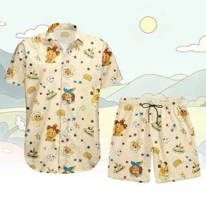 Cute Cartoon Bear Hawaiian Shirt Shorts Set Women Men Matching Beach Outfit Summer Vacation Kawaii Pancake Star Print Loose Casual Aloha Co-ord Set Beach Party