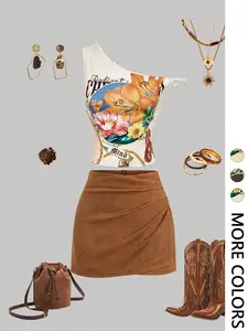 2-Piece Asymmetrical Floral Print Crop Top & Faux Suede Mini Skirt Set - Trendy Y2K Outfit for Music Festivals & Date Nights | Viral TikTok Set, Baddie Aesthetic