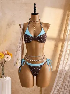 Women's Retro Polka Dot & Pork Chop Print Bikini Set, Light Blue & Brown Polka Dot Asymmetric A-Line Sleeveless Short Bikini