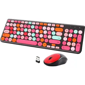 Keyboard and  Combo, Retro Typewriter  Keyboard with Round Keycaps, 2.4GHz USB Cute  Keyboard  for Computer, Desktop, Laptop and Computer (Black-Colorful)