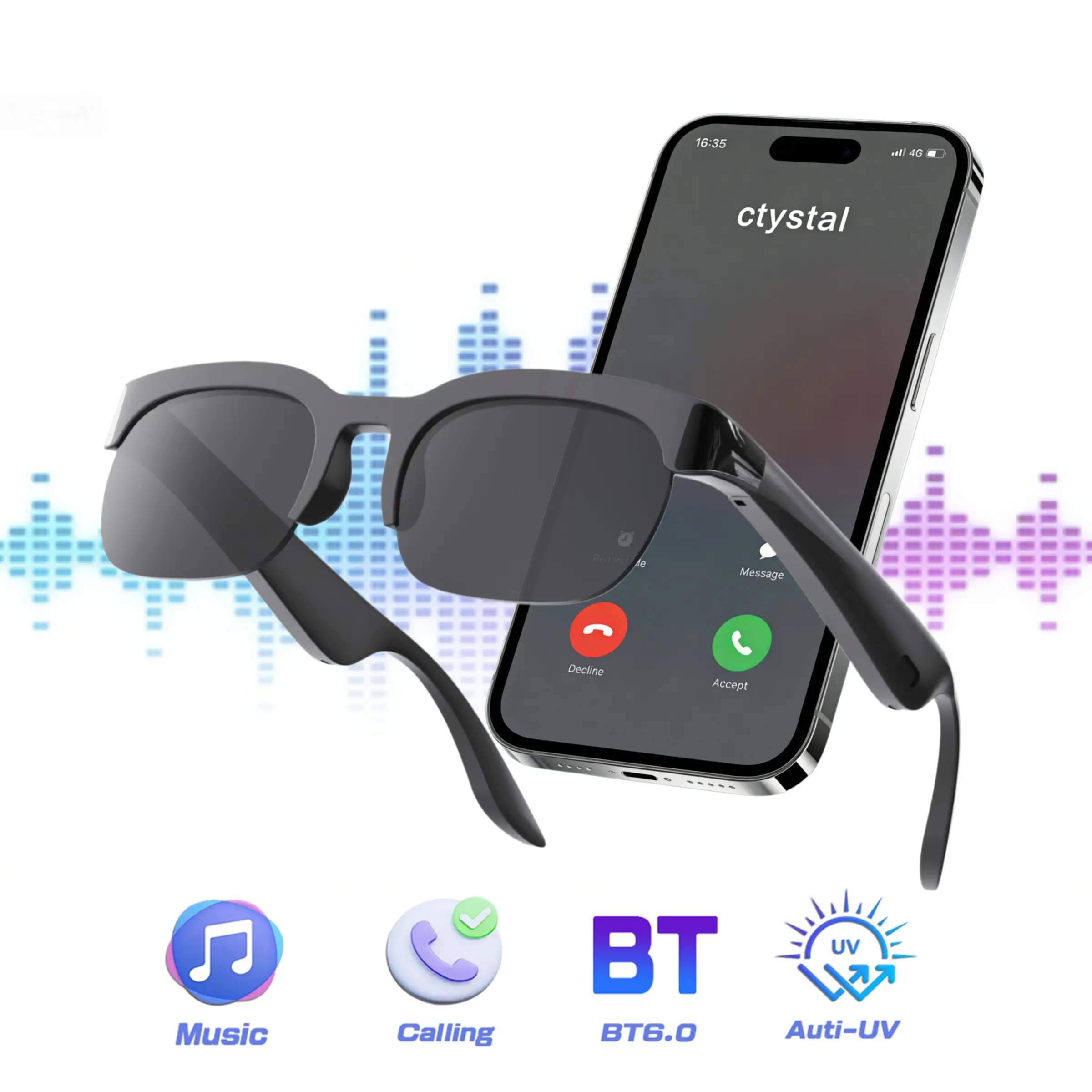 Multifunctional Wireless Audio Smart Sunglasses, Wearable Tech Glasses with Built-in Mic & Speaker, UV Protection Outdoor Glasses for Music & Hands-Free Call Voice Control Unisex