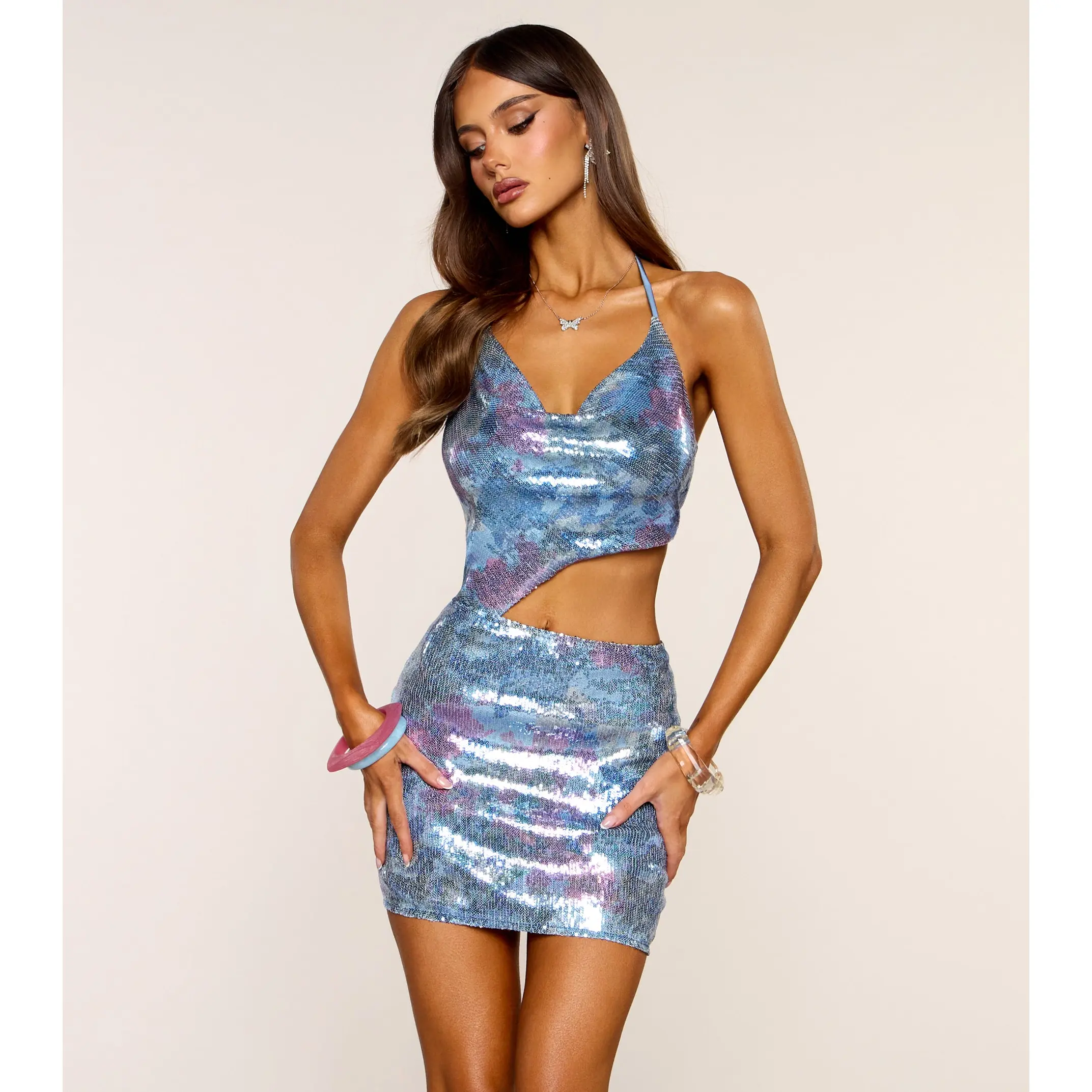 Disco After Dark Abstract Sequin Halter Mini Dress