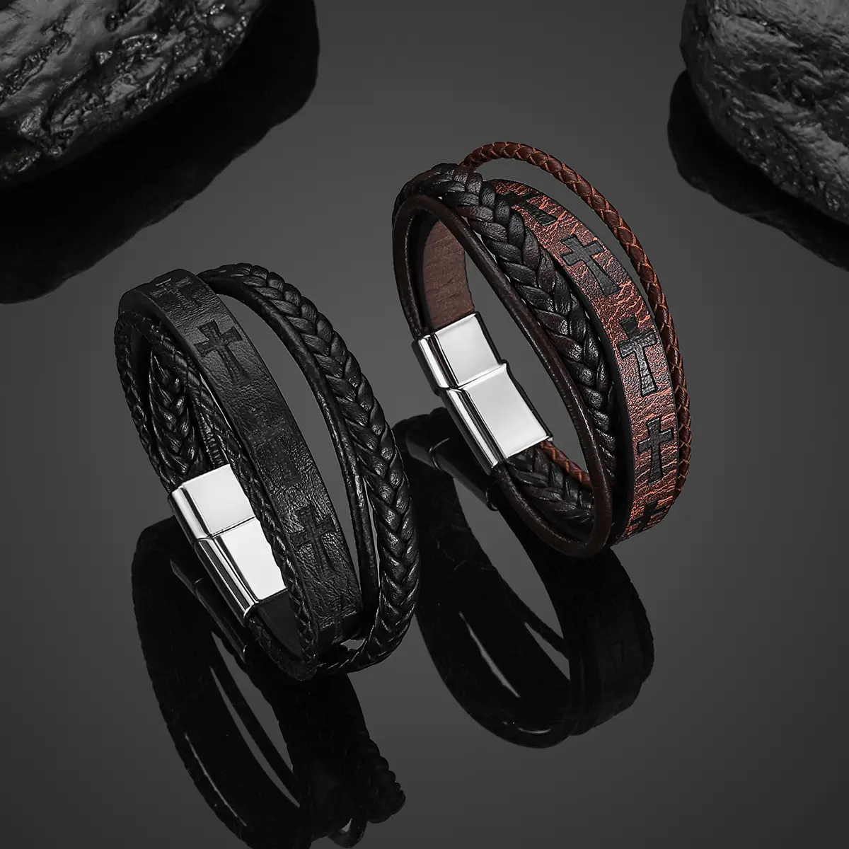 2Pcs Mens Leather Cross Bracelet Multi-Layer Braided Faith Bracelet Religious Wristband Father's Day Memory Bangle with Stainless Steel Buckle