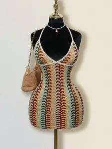 SAMPLEI Women's Colorful Jacquard Knitted Contrast Color Ribbed Edge Halter Backless