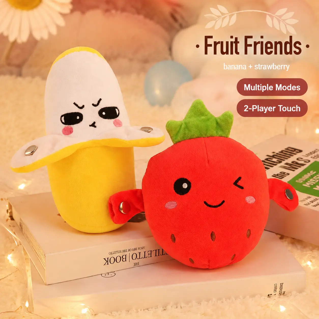 [Dealsforyou] Musical Plush Fruit Toy, Touch-Activated Banana or Strawberry Toy, 2-Player Contact Play, Multiple Sound Modes