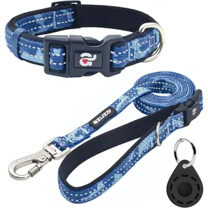 Azuza Reflective Dog Collar and Leash Set with Airtag Holder, Blue Camo Padded Collar with Matching Clip Handle Leash for Medium Dogs azuza