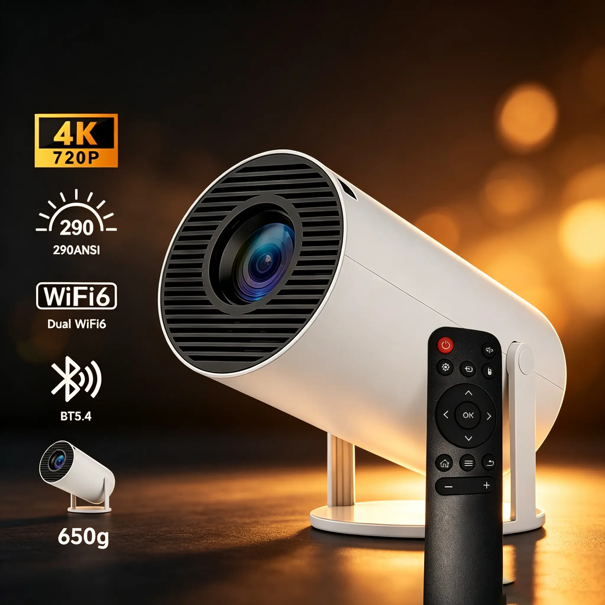 Mini Projector bluetooth , 290 Lumen, Dual WiFi, Auto Keystone Correction, portable projector 4K Decoding, 720P Display, BT5.4, 130" Screen, Built-in Speaker, 180° Rotatable, 650g, Smart Mobile Home Cinema & Outdoor Audio Gift hd