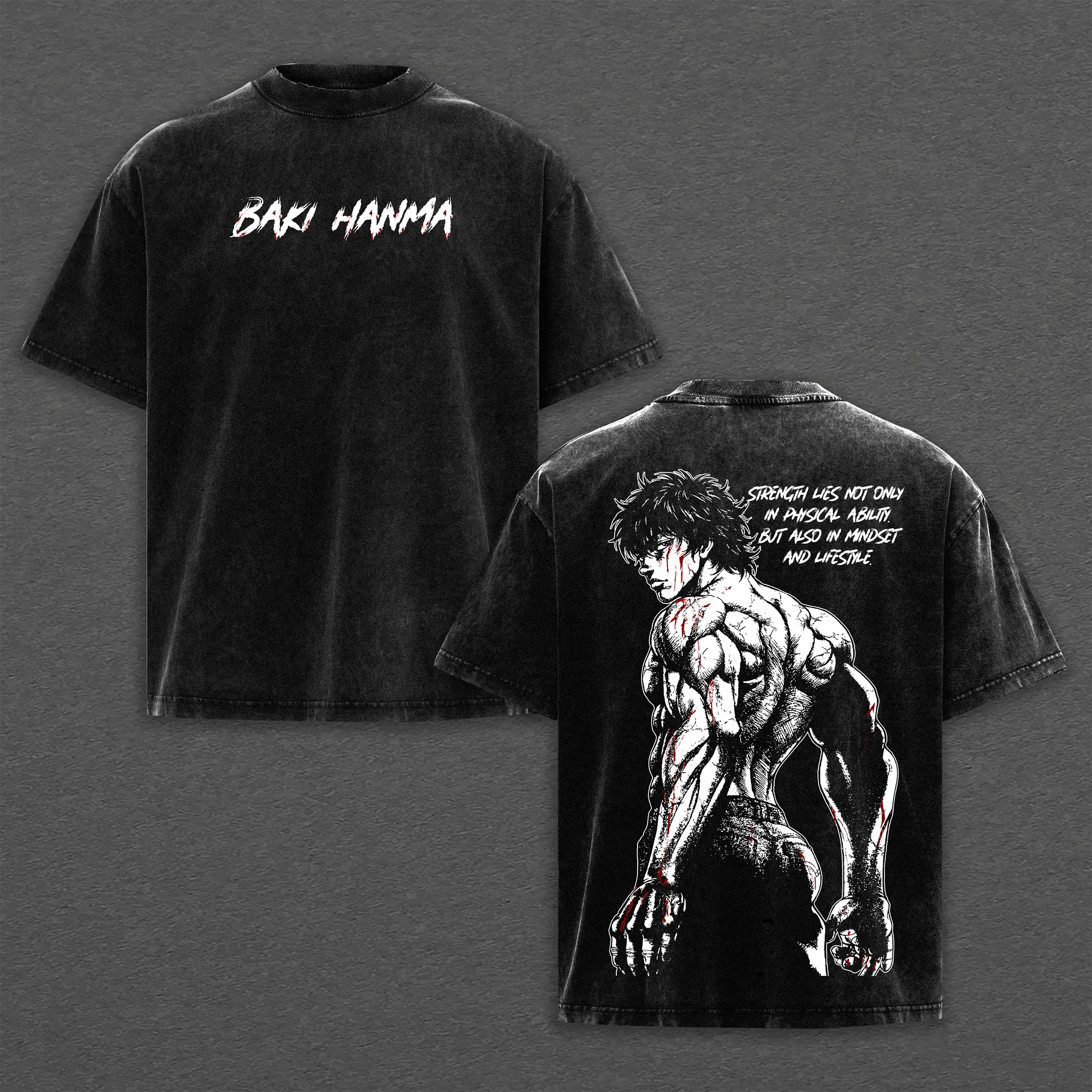 Baki Hanma Shirt, Strength Lies Graphic Heavyweight Cotton Washed Tee, Anime Martial Arts Oversized Streetwear T-Shirt, Baki The Grappler Fan Gift, Baki Hanma Inspired Vintage Style Comfort Apparel Featuring Epic Back Muscle Design. Menswear Soft