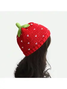 1pc Adorable Red Strawberry Design Knitted Beanie Hat For Women, Handmade Crochet Warm Cap For Autumn & Winter Daily Casual Wear Hat Valentine's Day