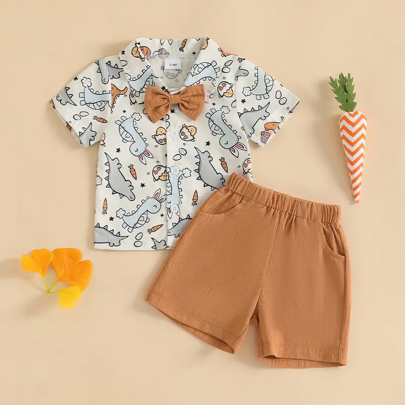 Baby Boy Easter Outfit, Short Sleeve Dinosaur/Eggs Print Shirt with Elastic Waist Shorts Summer Outfit
