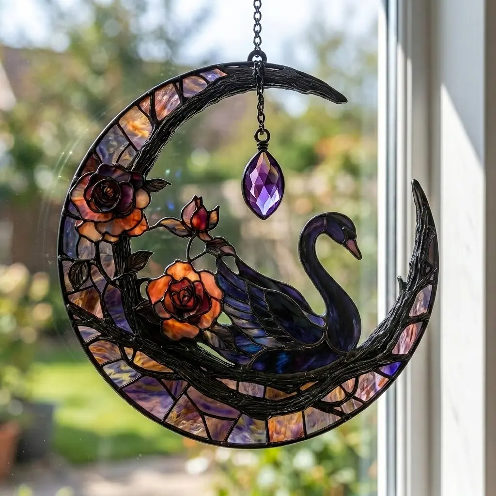 Black swan window hanger, Halloween moon design, crescent moon-shaped dyed acrylic panel, amethyst crystal window hanger. Halloween gifts.