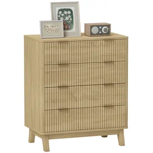 HOMCOM Fluted Dresser for Bedroom with 4 Drawers, 28" Wide Chest of Drawers with Gold Finger Pulls and 4 Wood Legs, White