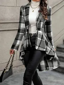 LIA Women's Plaid Print Button High Low Hem Jacket Casual Long Sleeve Lapel Neck Open Front Outerwear for Fall Winter Layering Y2K Trench Coat