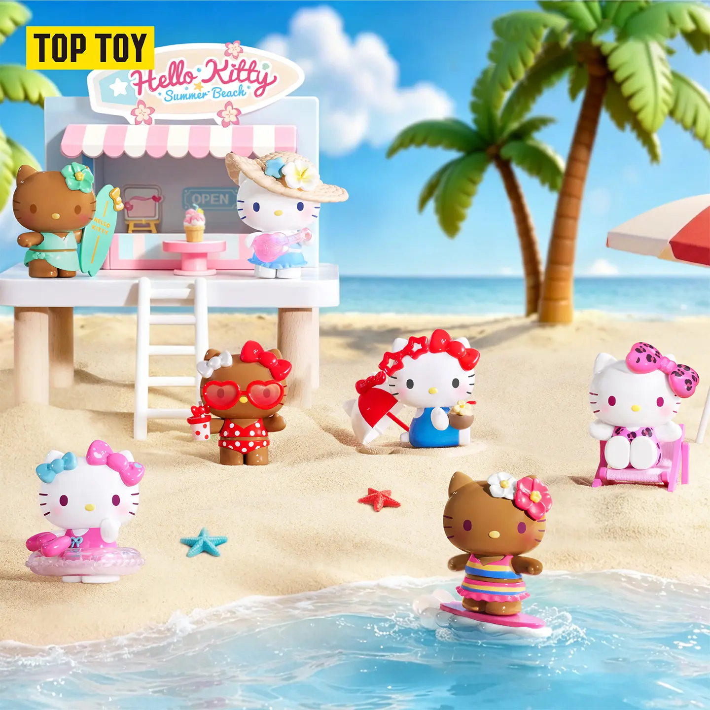 TOPTOY Hello Kitty Summer Beach Series Blind Box Vinyl Figure. Official Sanrio Licensed Beach Holiday Themed Design, Contains 6 Regular Styles & 1 Color-Changing Hidden Figure, Some Models Feature Sun-Tanned Dark Skin Effect Under UV Light