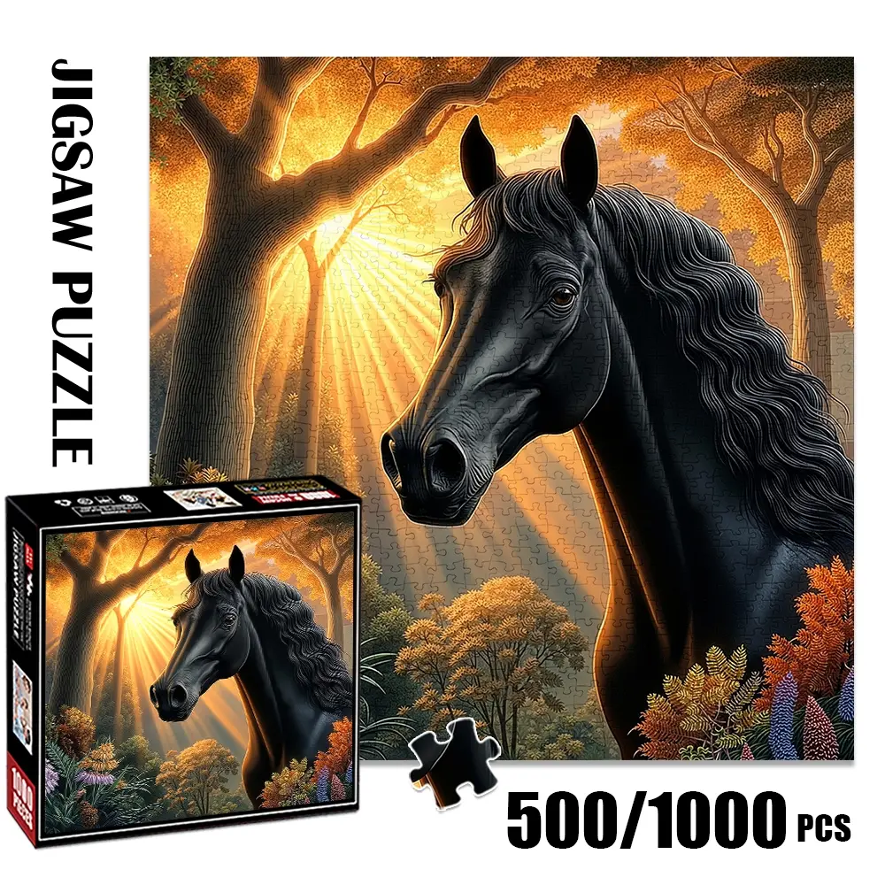 1pc 1000 piece adult puzzle 58x58cm Black Horse in Sunlit Forest with Flowers 500 pieces paper jigsaw puzzle suitable for DIY creative games for adults and families, birthday and holiday stress reli