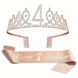 2-piece set for ages 3-9: headband, hair comb, rhinestone and crystal crown hair accessory, birthday/anniversary decoration, happy birthday ribbon party supplies, "My 5th Birthday" ribbon rhinestone crown, happy birthday, Birthday Crowns