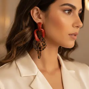 Bold Red & Leopard Print Acrylic Dangle Earrings for Women Lightweight Resin Geometric Link Drop Earrings Trendy Statement Jewelry Gift