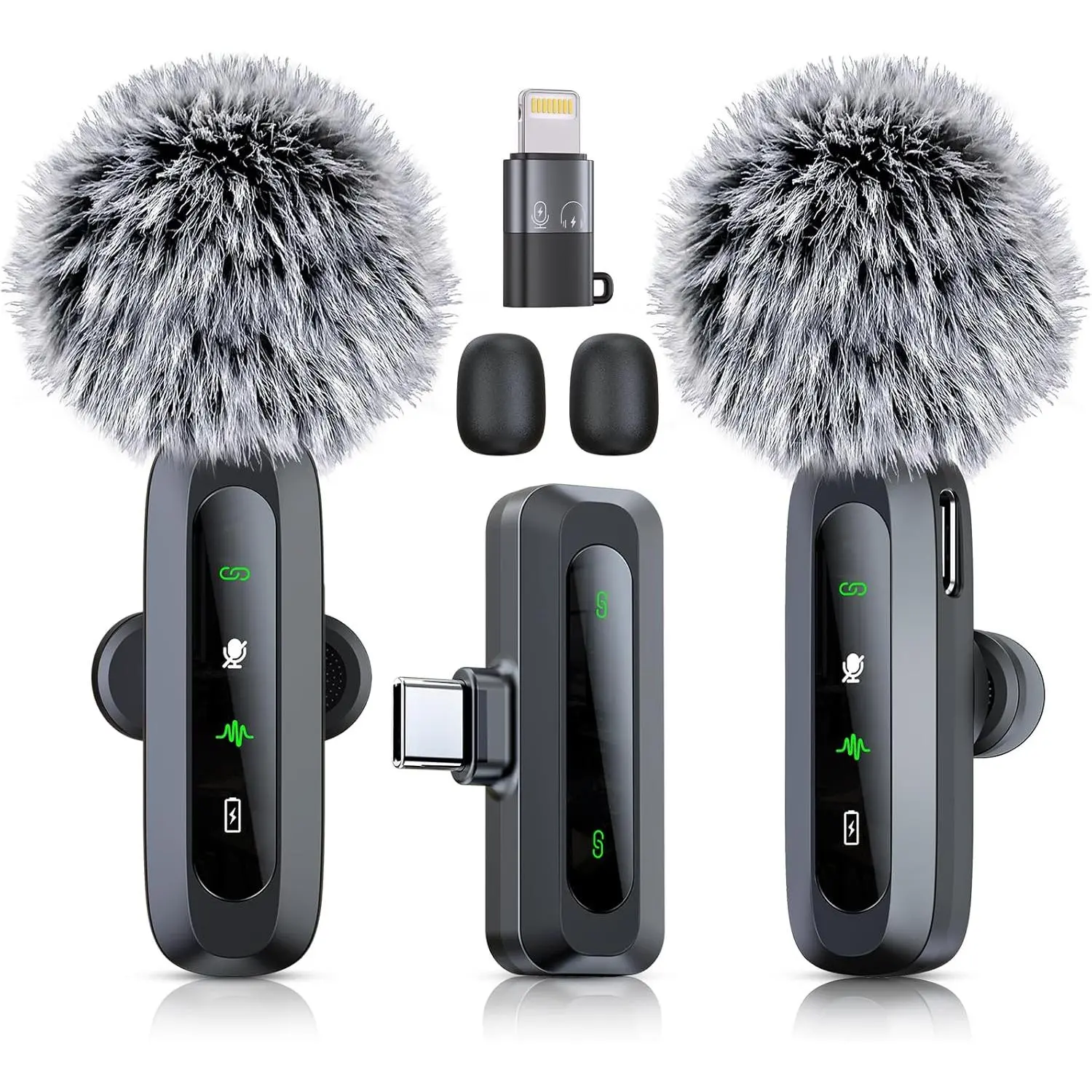 2-Pack Wireless Lapel Noise Reduction Mic Set - 2.4GHz, Lightning/USB Type-C Plugs, Receiver, Stereo Noise Reduction Audio, Clip-On, LED Display, for iPhone 15/16, iOS/Android Smartphones, Podcast Setup, Video Recording